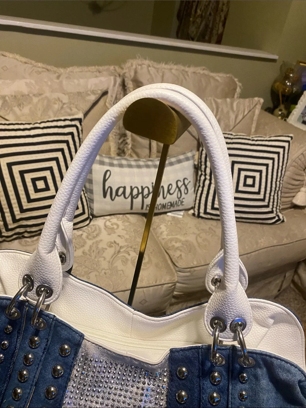 Studded Blue & White Shoulder Bag with Crystal Front